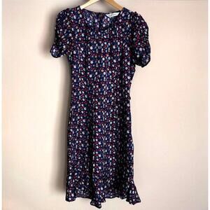 Topshop Ruffle Hem Retro Blue/Red Tea Dress w Ruched Sleeves Dress  Size 8UK 4US